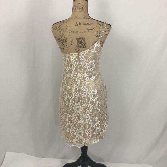 Terani Couture Sunburst Rhinestone & Lace Gold Cream Tan Cocktail Pageant Dress - Picture 10 of 16